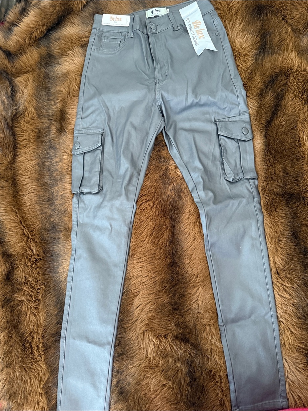 Faux Leather Cargo Pants - Gray